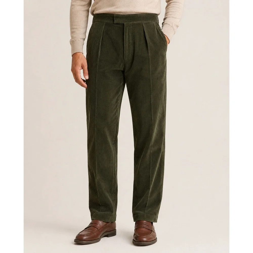 NEW Polo Ralph Lauren Olive Corduroy Pleated Straight Leg Pants‎ 32x33 Classic